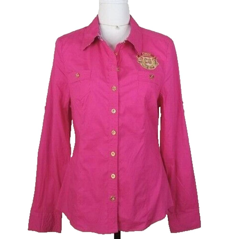 Women Y2K COOGI Gold Hot Pink Shirt Top M Logo Crest Embroidered 90s Baddie
